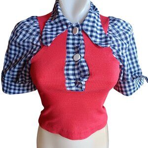 XXS True Vintage 70's Goucho Top Red Ribbed Gingham Sleeves Puff Girls 14 1974